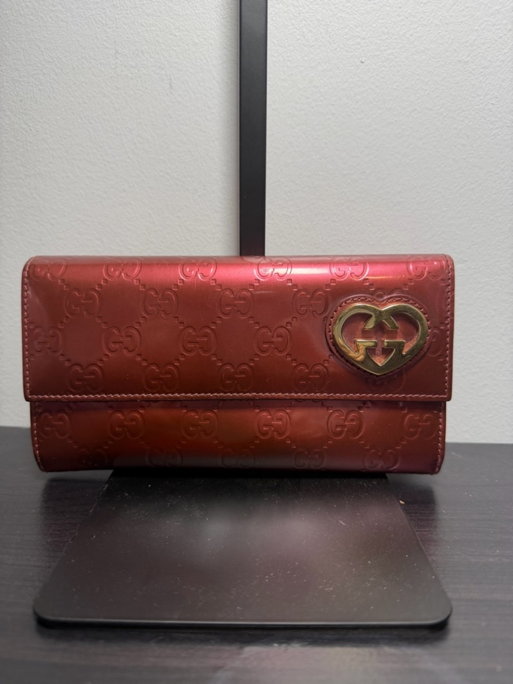 Gucci Metallic Red Embossed GG Continental Wallet with Gold Heart Logo